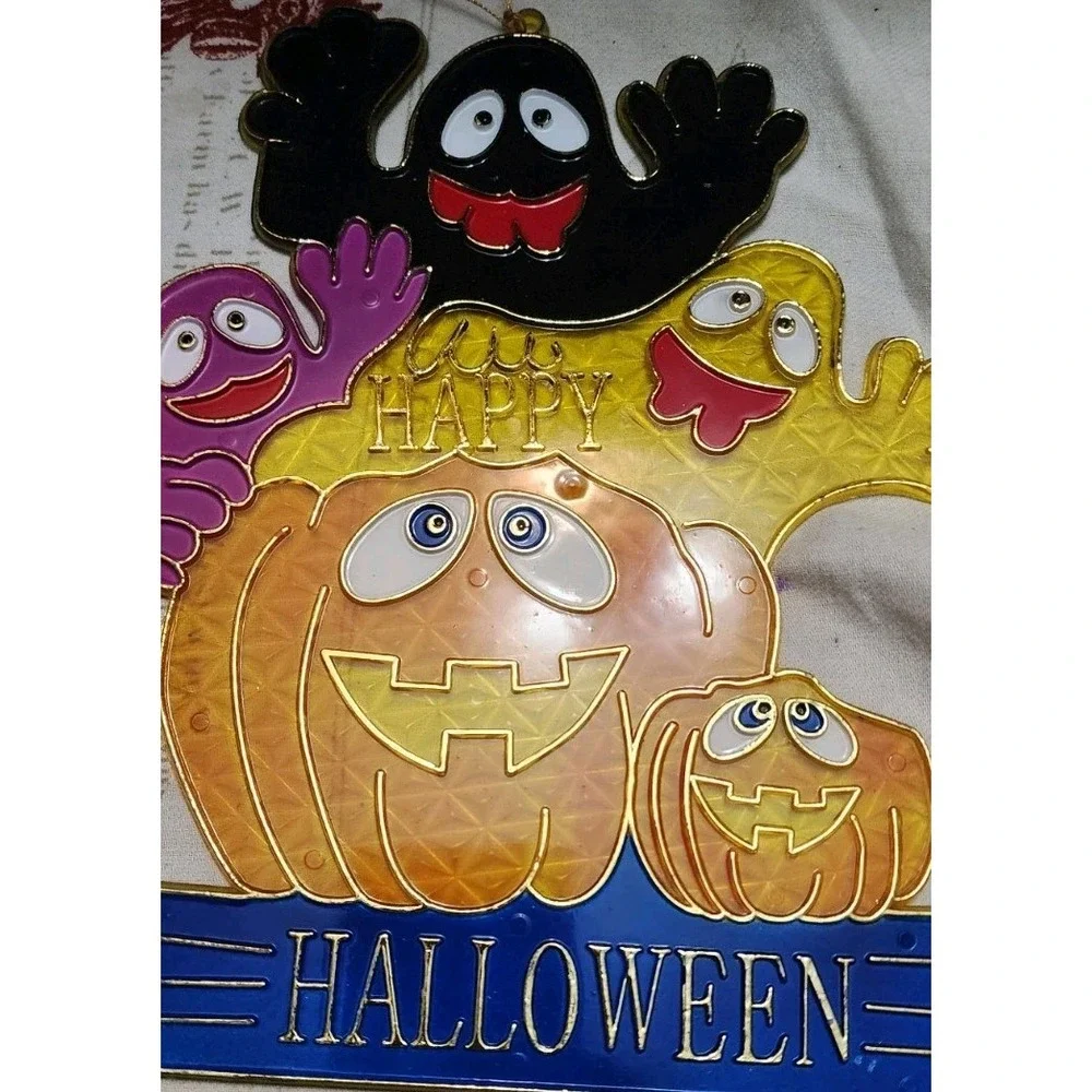 Vintage Plastic Stained Glass Sun Catcher Ghosts Ghouls Pumpkin Halloween Decor